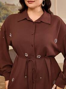 Mulvari 2pcs/Set Women Plus Size Rhinestone Floral Print Long Sleeve Shirt And Pants Suit - Brown - View 4