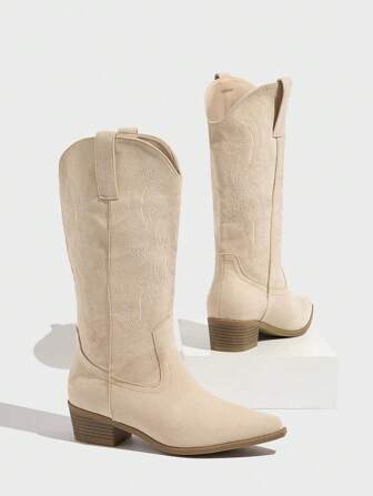 Styleloop Damen Mittlerer Absatz Schlüpf-Stiefel, silber-metallisch glänzende Winter Stiefel, warme Stiefel, Western Stil bestickte Knie-Stiefel