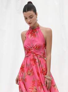 Aveloria Rosie New Fashion French Style Elegant Ladylike Vacation Romantic Mini Stand Collar Shoulder Cut-Out Waist Ruched Cinched Waist Fitted Flared Hem Bold Floral Print Chiffon Dress For Women Boho Beach Fashionable Style All Over Print For Summer