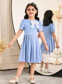 Young Girl Knitted Solid Color Round Neck Bowknot Decor Casual Mini Dress - Blue - View 1