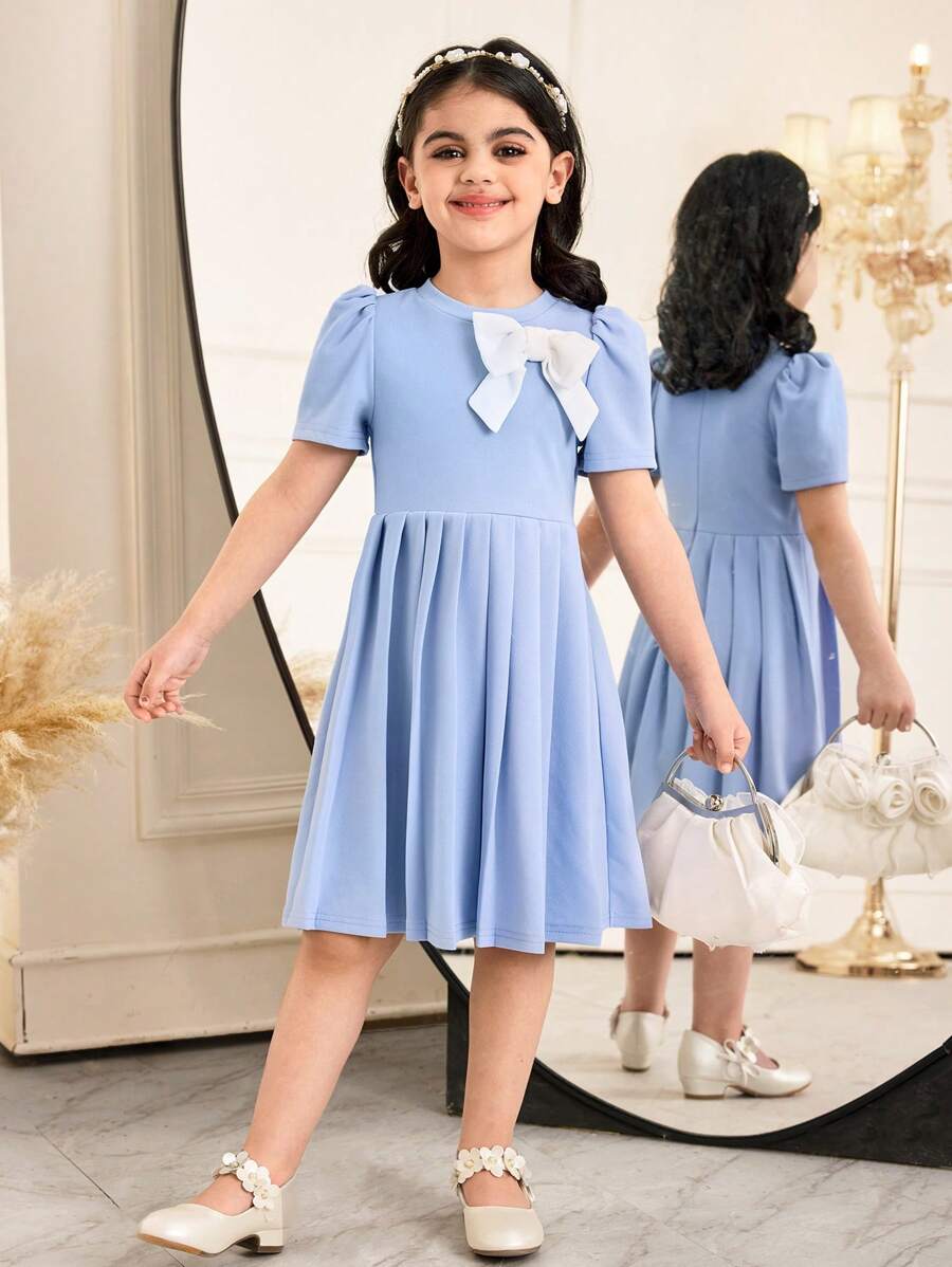 Young Girl Knitted Solid Color Round Neck Bowknot Decor Casual Mini Dress - Blue - View 1
