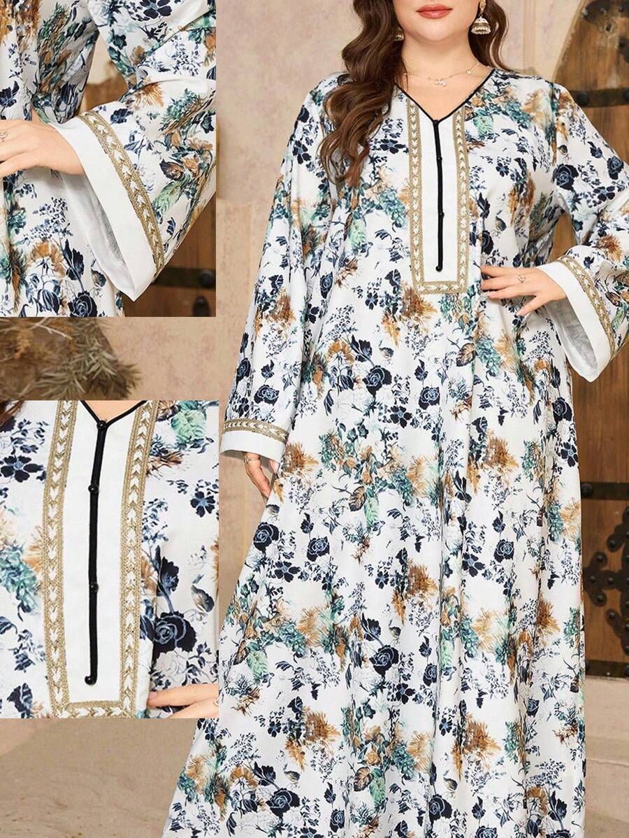 Al Najma Plus Size Women Arabic Style Printed Patchwork V-Neck Long Dress - Multicolor - View 1
