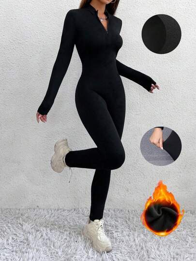 SHEIN PETITE Macacão esportivo de manga comprida com zíper e forro térmico justo para outono/inverno