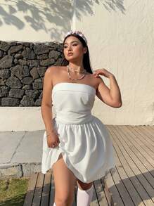 Sunnyshic Plus Size Women White Romantic & Elegant Bandeau Dress, Vacation - White - View 4