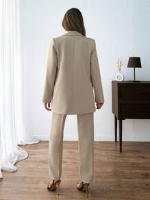 SHEIN PETITE Petite Women Elegant Solid Beige Color Button Front Detailed Long Sleeve Blazer Jacket And Long Straight Pants Suit Sets - Beige - View 2