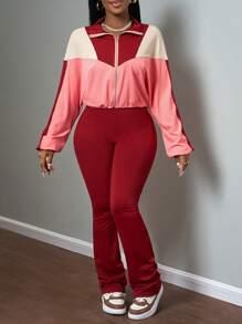 Slaydiva Red Two Pieces Pants Set For Women: Casual Chic Cropped Zip Jacket And Ruched Flare Pants - Burgundy - View 6