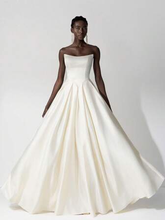 SHEIN Belle Women Elegant Romantic Satin Strapless Maxi Dress With Adjustable Cross-Back Tie, Wedding Guest Dress, Suitable For Party, Formal Dinner Or Date Night, Evening Dress, Gown