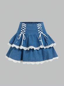 SHEIN MOD Women's Denim Skirt With Waist Tie, Ruffle Hem, Short Style