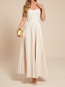 Amorya 女士优雅浪漫垂褶 A 字形连衣裙 - 杏色 - 查看 1