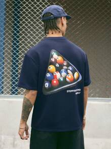 Manfinity NXTstreet Men's Round Neck Letter Print Casual Loose Knit Short Sleeve T-Shirt - Navy Blue - View 2