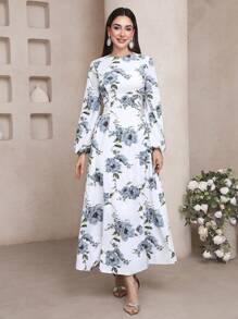 Veilorie Women's Floral Print Round Neck Lantern Sleeve Elegant Mid-Length Dress, Perfect For Vacation - White - View 5