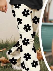 SHEIN Leap Crew 可爱花卉印花，女婴休闲圆领短袖上衣和裤子套装，适合春夏季