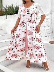 SHEIN CURVE+ 大码女式夏季粉色印花短袖假日长裙，适合派对、婚礼和度假