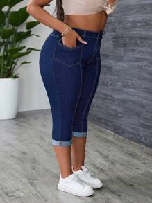 Slaydiva Plus Size Women Elastic Personalized Cuff Hem 3/4 Jeans - Blue - View 5