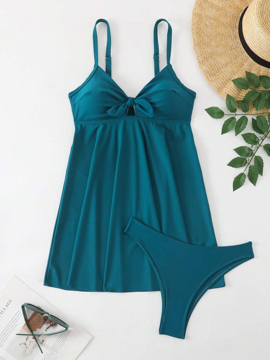 SHEIN Đầm bơi màu trơn mới có dây đeo vai và viền bèo nhún cho nữ và quần bikini 2 mảnh, thích hợp cho kỳ nghỉ hè ở bãi biển - Màu xanh ngọc - Xem 1