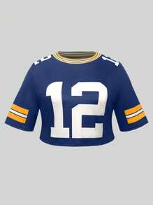 INAWLY Plus Size Solid Color Block Short Sleeve Numeric Print Casual Sexy Club T-Shirt