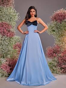 Glamrae Elegant, Romantic, Fashionable And Simple, Spring And Summer Blue Satin Bow Decor A-Line Dress, Graduation Dress, Wedding, Festival, Dance, Vacation, Formal Evening Dress, Wedding Guest Dress, Party Dress,Graduation,Teacher Outfits For Women,Teacher Dress