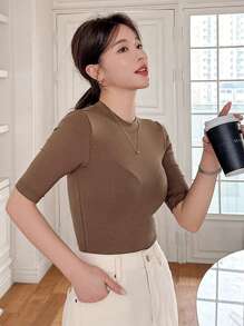 DAZY Áo thun tay ngắn màu trơn dành cho nữ, thời trang tối giản, thoải mái để mặc hàng ngày - màu nâu - Xem 6