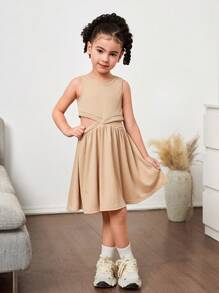 年轻女孩纯色针织圆领无袖后背镂空修身连衣裙 - 卡其色 - 查看 5