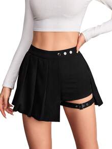 SHEIN PETITE 鉤扣紐細節不對稱褶皺夏季女裙 - 黑色 - 查看 9
