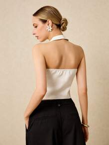 Poéselle 女士金属装饰露背吊带上衣，优雅通勤，复古风女士，春假装，夏季上衣，外出上衣 - 白色 - 查看 7