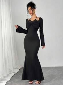 Modelyn Women's Elegant Romantic Lace Crisscross Halter Neck Fitted Party Dress - Black - View 4