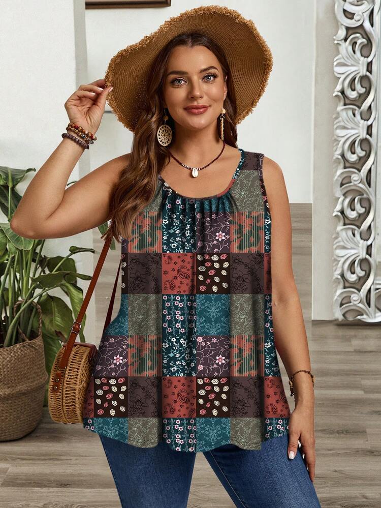 Plus Size Wide Strap Ruched Loose Tank Top, Suitable For Spring And Summer,Western Wear Women Suitable For Going Out,Vacation