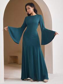 Veilorie Women's Solid Color Round Neck Flared Bell Sleeve Ruffle Hem Dress, Elegant - Dark Green - View 4