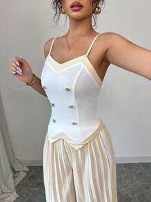 Elenzga 1 Set Elegante Da Donna Composto Da Top Smanicato Con Colletto Su Misura E Pantaloni Plissettati In Vita Alta - Multicolore - Visualizzare 5