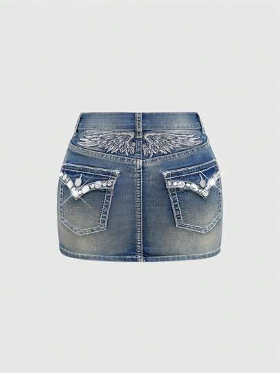 J-Fashion Minifalda de mezclilla con cintura baja, bordado de mariposa y decoración de strass en estilo Y2K para mujer