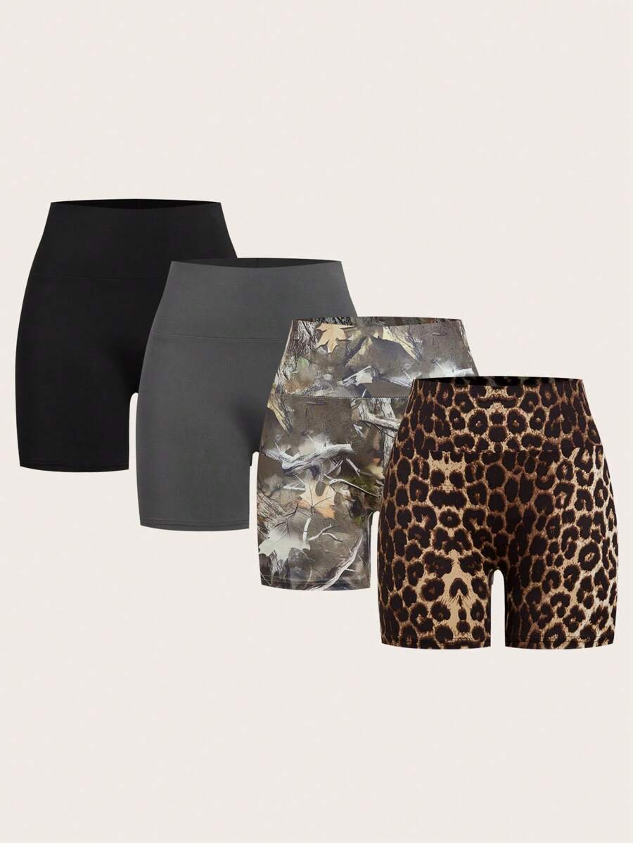 Muchica 4pcs/Set Sportswear High Waist Elasticated Cycling Leggings - Multicolor - View 1