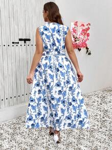 SHEIN Clasi Kurvenreiche Damen Große Größen Romantisch und Elegant Blau und Weiß Blume Muster Ärmellos V-Ausschnitt Langes Kleid, Lässig Urlaub, Sommer Outfits