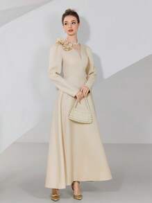 Modelyn 女士纯色 3D 花卉装饰长袖优雅连衣裙