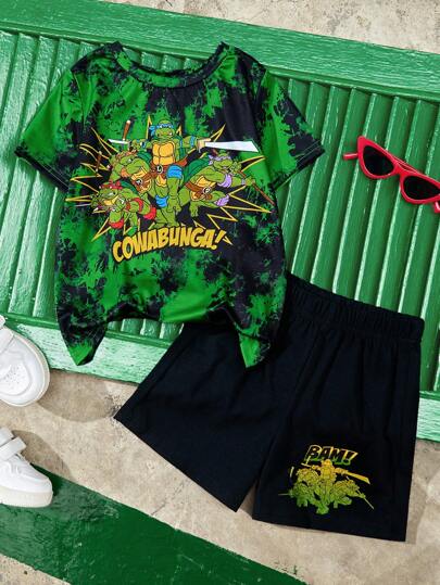 TEENAGE MUTANT NINJA TURTLES | SHEIN 2 Stücke/Set Kleine Jungen Batik Schildkröten Design Strick Rundhals Lose Passende T-Shirt und Shorts