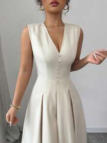 Rafferiza Women Elegant V-Neck Sleeveless Ruffle Dress - Khaki - View 6