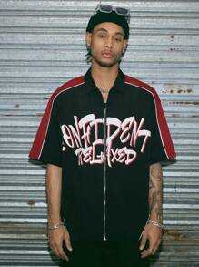 Manfinity RebelGame Men's Loose Woven Short Sleeve Shirt With English Letters Print - Black - View 5