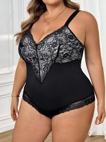SHEIN CURVE+ Plus Size Lace Patchwork Wide Strap Casual Bodysuit - Black - View 7