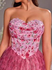 Glamrae Elegant And Gorgeous Pink Digital Printing Handmade Sequin Embroidery Tube Top With Chest Cup Multi-Layer Cake Skirt Suitable For Cocktail Parties, Graduation Ceremonies, Wedding Ceremonies, Bachelorette Parties, Women's Formal Evening Dresses (Heavy Models) - Multicolor - View 2