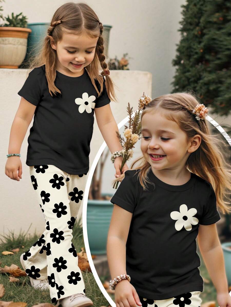 SHEIN Leap Crew 可爱花卉印花，女婴休闲圆领短袖上衣和裤子套装，适合春夏季