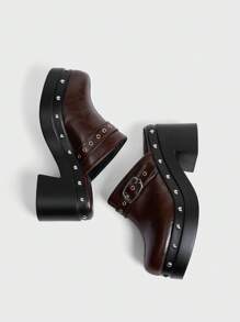 Sugerpunk Women's Fashion Black Backstrap Wooden Clog Platform Slip-On Shoes