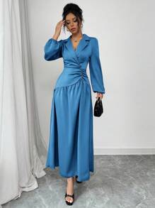 Modelyn Robe élégante à col châle, manches bouffantes et plissée, de couleur unie pour femmes - Bleu azur - Voir 4