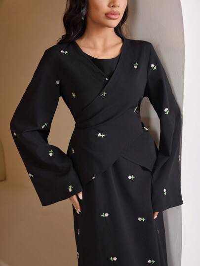 Veilorie 女士碎花刺绣喇叭袖交叉裹身衬衫和连衣裙套装，阿拉伯风格服装