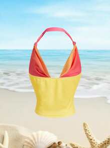 SHEIN MOD 性感背心，前摆领，后部镂空花边，度假背心，沙滩背心，情人节背心，外出背心，乡村音乐节背心，夏季背心 - 彩色 - 查看 3