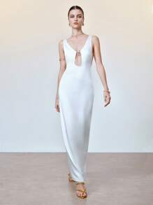 Chiquease Elegante abito in satin setoso simile alla seta, scollo a V profondo e senza maniche, elegante e sensuale abito da festa primaverile/estivo per donna - Bianco - Visualizzare 7