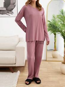 RueChic Women Cotton 2 Pcs Contrast Colour Embroidery Detail Homwear Set - Dusty Pink - View 5