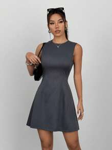 Chiquease Vestido corto clásico de cuello redondo sin mangas, ajustado, de color gris oscuro, elegante para ir al trabajo, fiestas, tomar el té por la tarde, vacaciones y volver al colegio, para primavera/verano