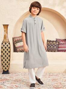 SHEIN 2pcs Tween Boy Set: Loose Casual Stand Collar Short Sleeve Long Shirt & Long Pants - Apricot - View 4
