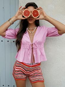 Breezaya Women's Red & White Striped V-Neck Woven Shirt - Pink - View 4