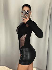 SHEIN ICON PU Material Cross Lace-Up Bodycon Mini Skirt - Black - View 4