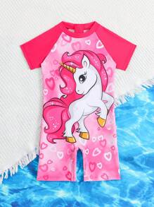 SHEIN Young Girls Cute Gradient Heart Unicorn Print Short Sleeve One-Piece Swimsuit,Suitable For Summer Beach Vacation, Swimming Pool, Surfing, Holiday - Multicolor - View 4